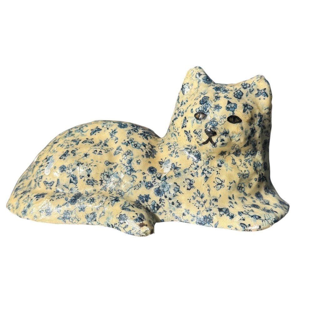 Vintage 80’s Ceramic Cat Figurine Glazed Fabric Patchwork 6”L Decoupage Floral